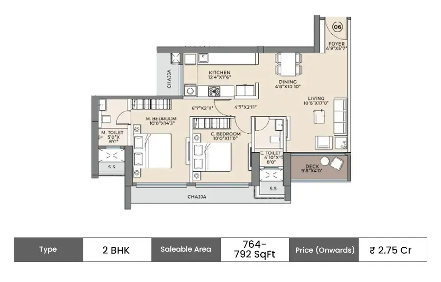 Arkade Ascend 2 BHK floor plan, 764 sq ft carpet area